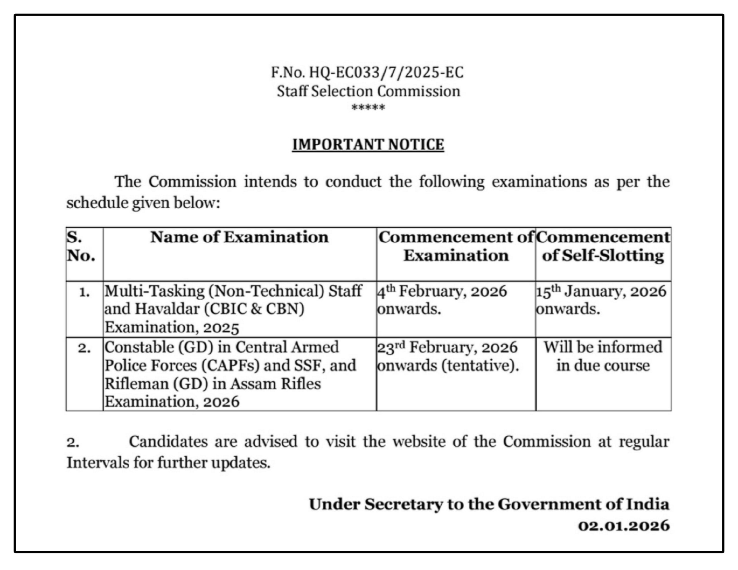 SSC GD Constable Exam Date